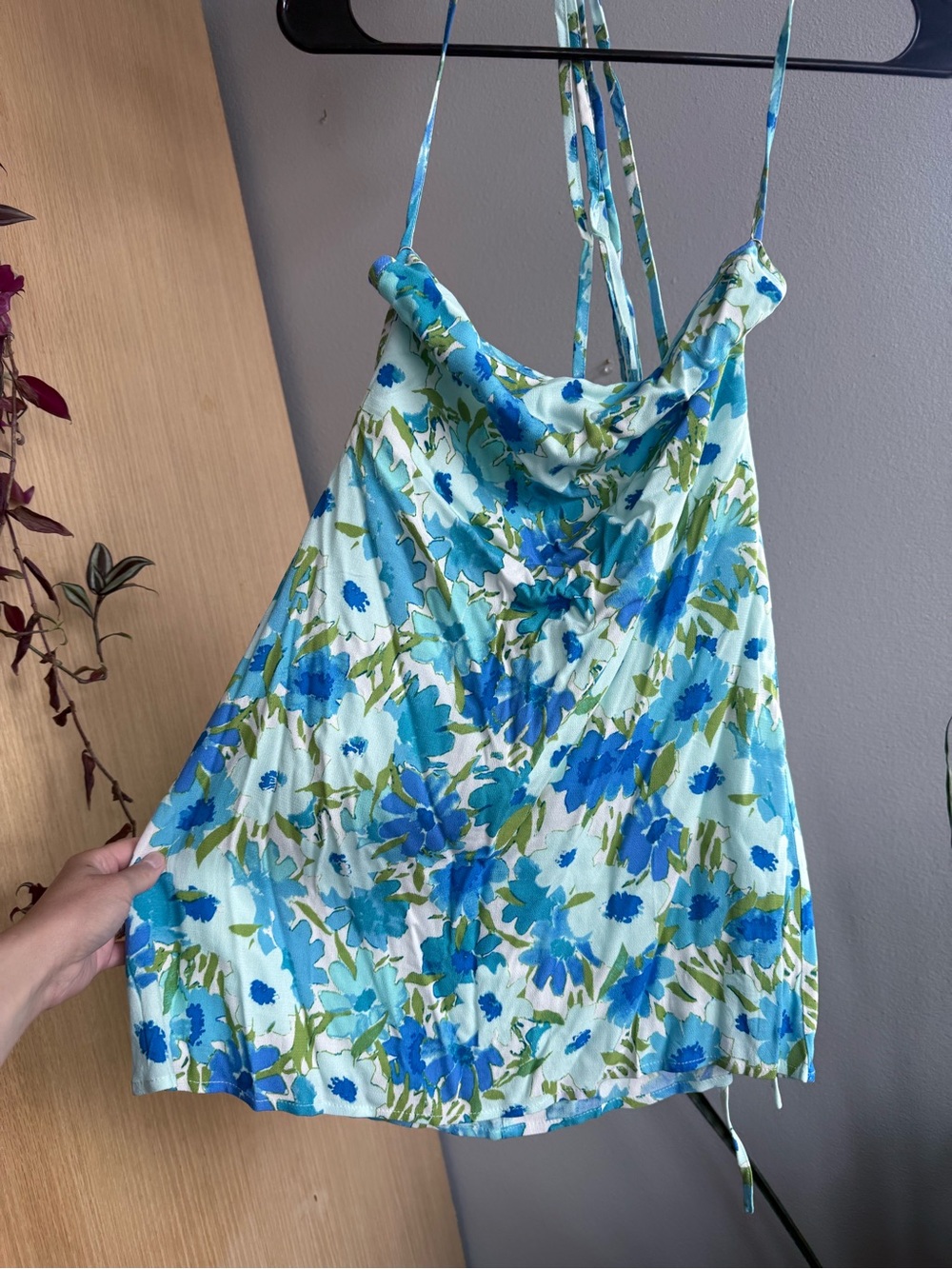 Blue Floral Mini Dress with Cowl Neck new no tags